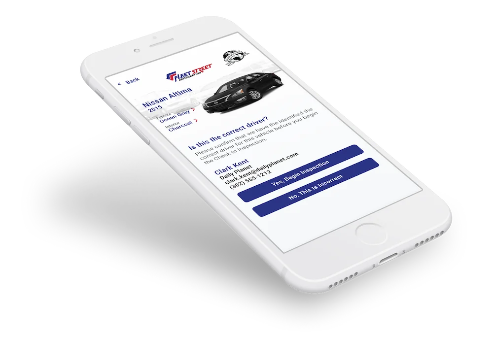 Fleet inspection app on iPhone displaying vehicle evaluation