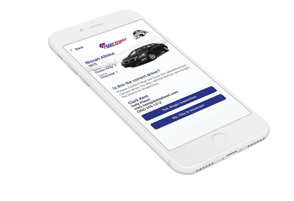 Fleet inspection app on iPhone displaying vehicle evaluation