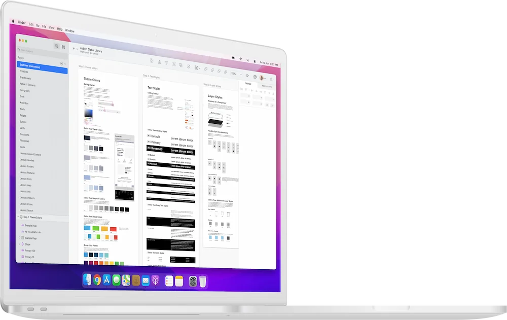 Design component library in Sketch showing token configuration settings